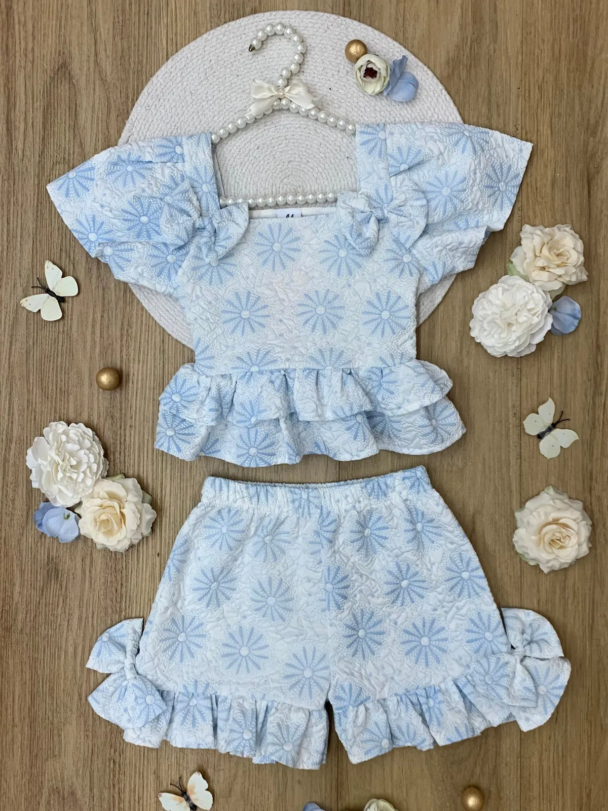 Blue Daisy Flutter Top and Ruffle Short Set