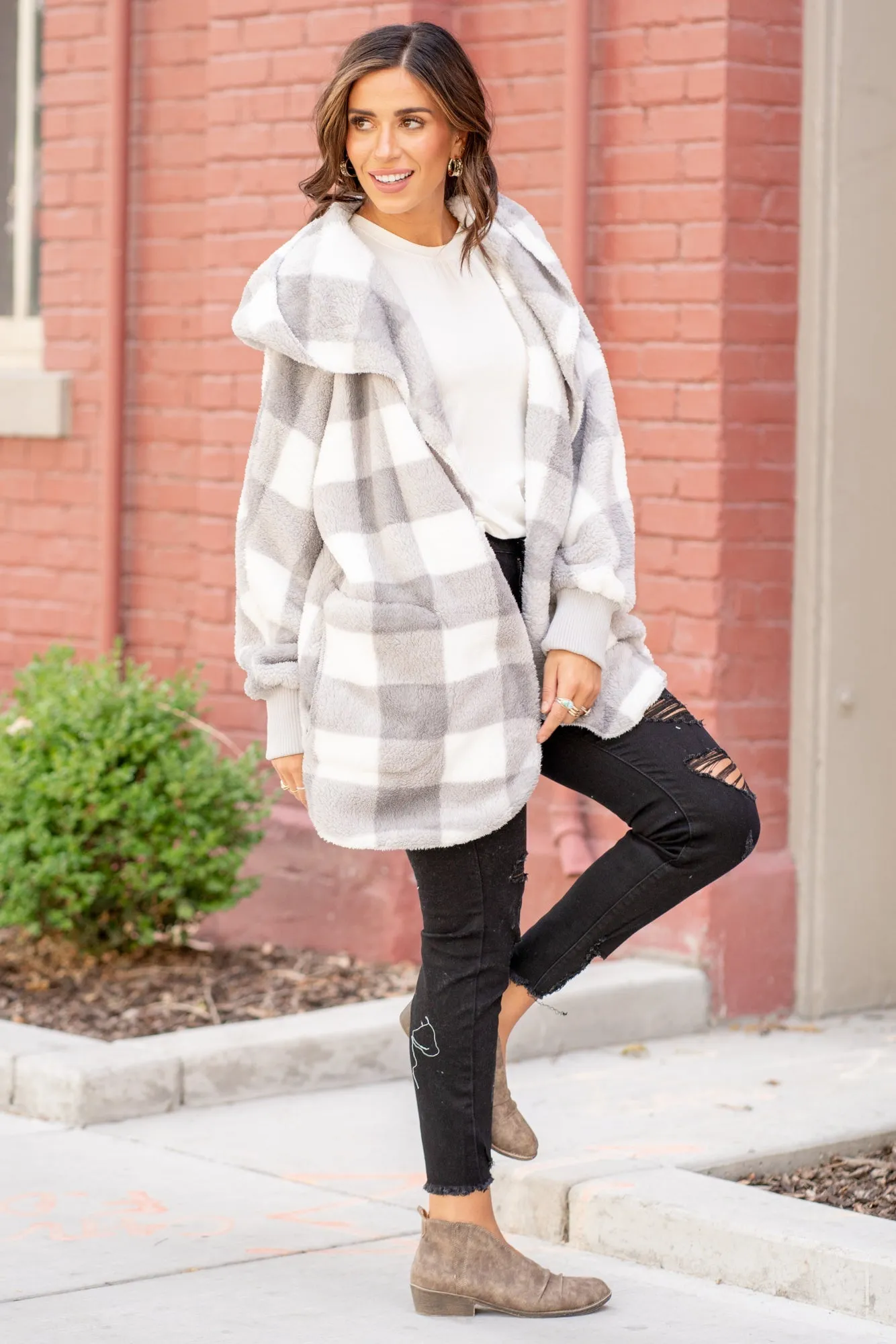 Check Print Cozy Sherpa Jacket White