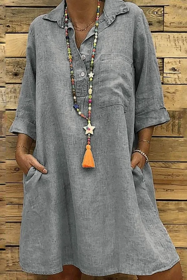 Cozy Shirt Collar Cotton Midi Dress