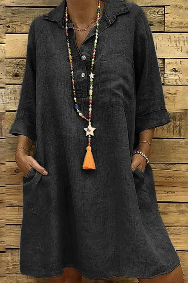 Cozy Shirt Collar Cotton Midi Dress