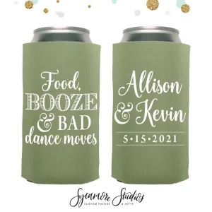 Food, Booze & Bad Dance Moves - Slim 12oz Wedding Can Cooler #148S